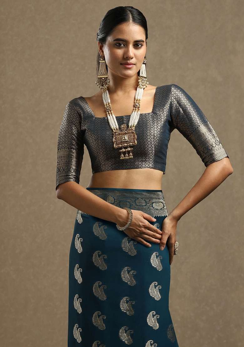 Teal Blue Printed Georgette Saree Set - Indya
