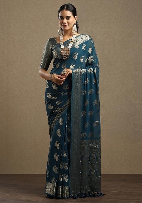 Teal Blue Printed Georgette Saree Set — view on Indya