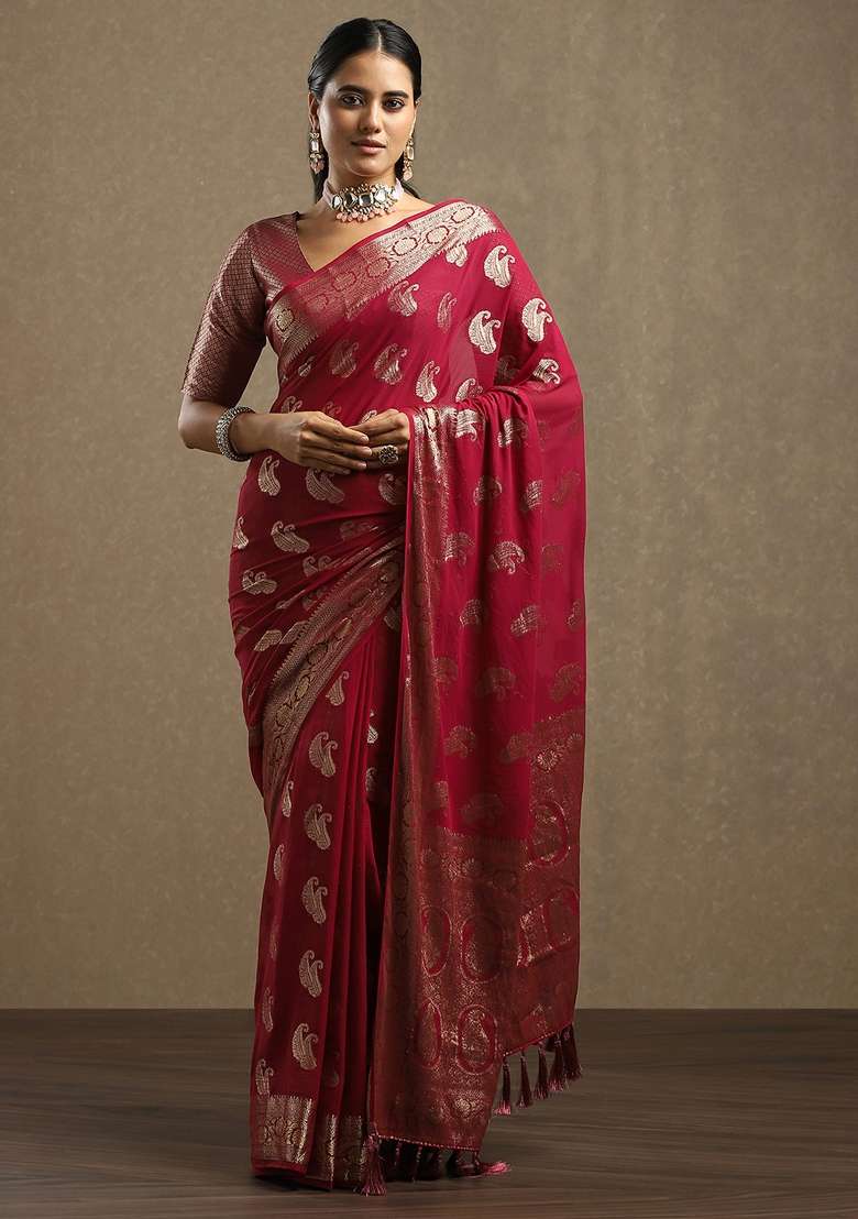 Maroon Printed Georgette Saree Set for Diwali and Festive Wear - Indya