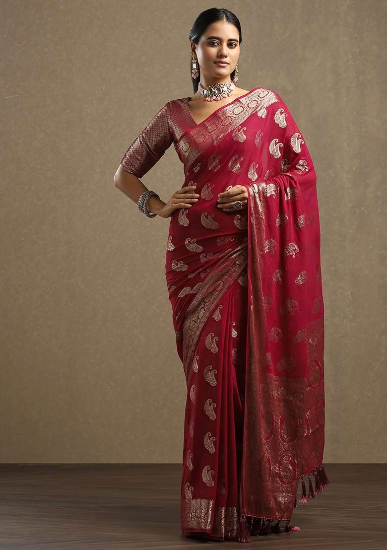 Maroon Printed Georgette Saree Set for Diwali and Festive Wear - Indya