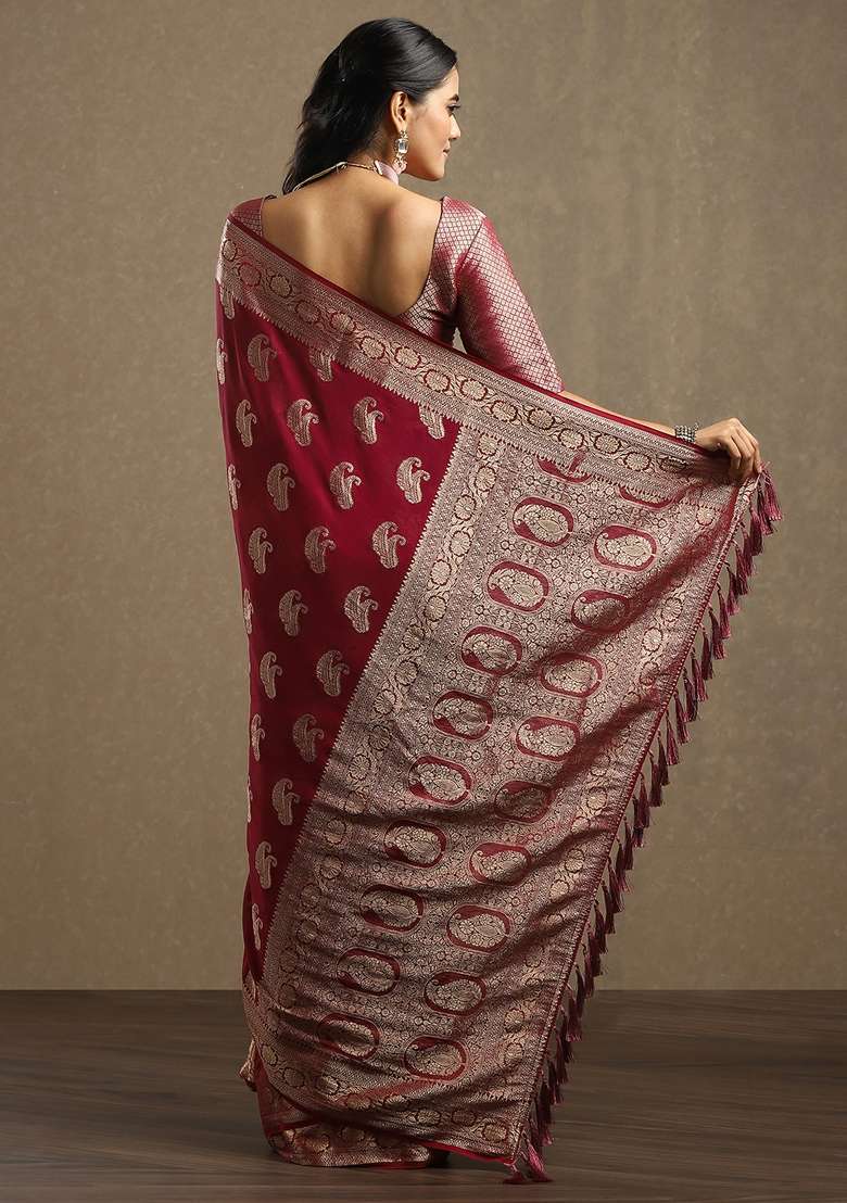 Maroon Printed Georgette Saree Set for Diwali and Festive Wear - Indya