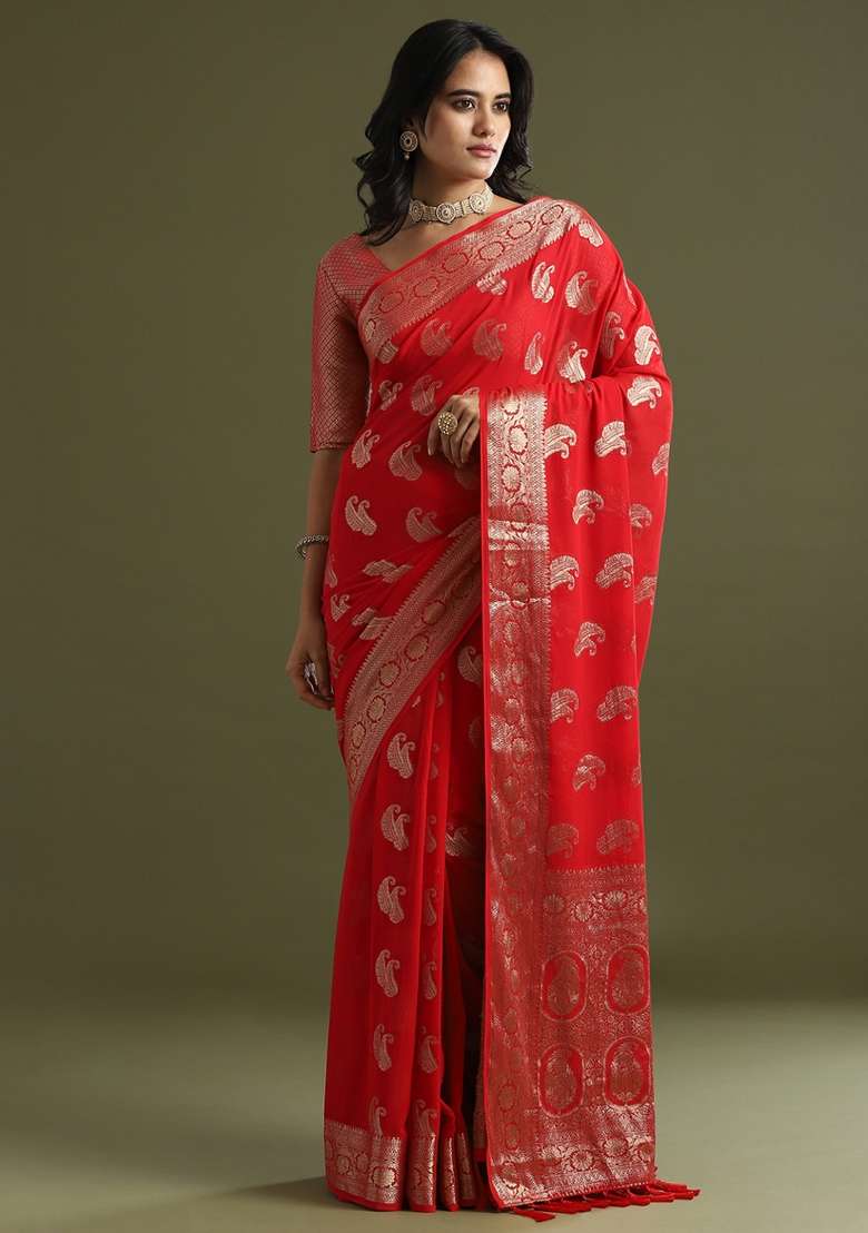 Red Printed Georgette Saree Set for Diwali and Festive Wear - Indya
