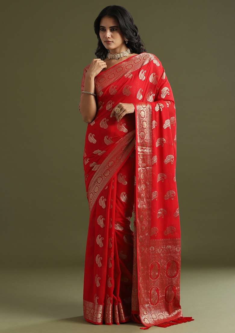 Red Printed Georgette Saree Set for Diwali and Festive Wear - Indya