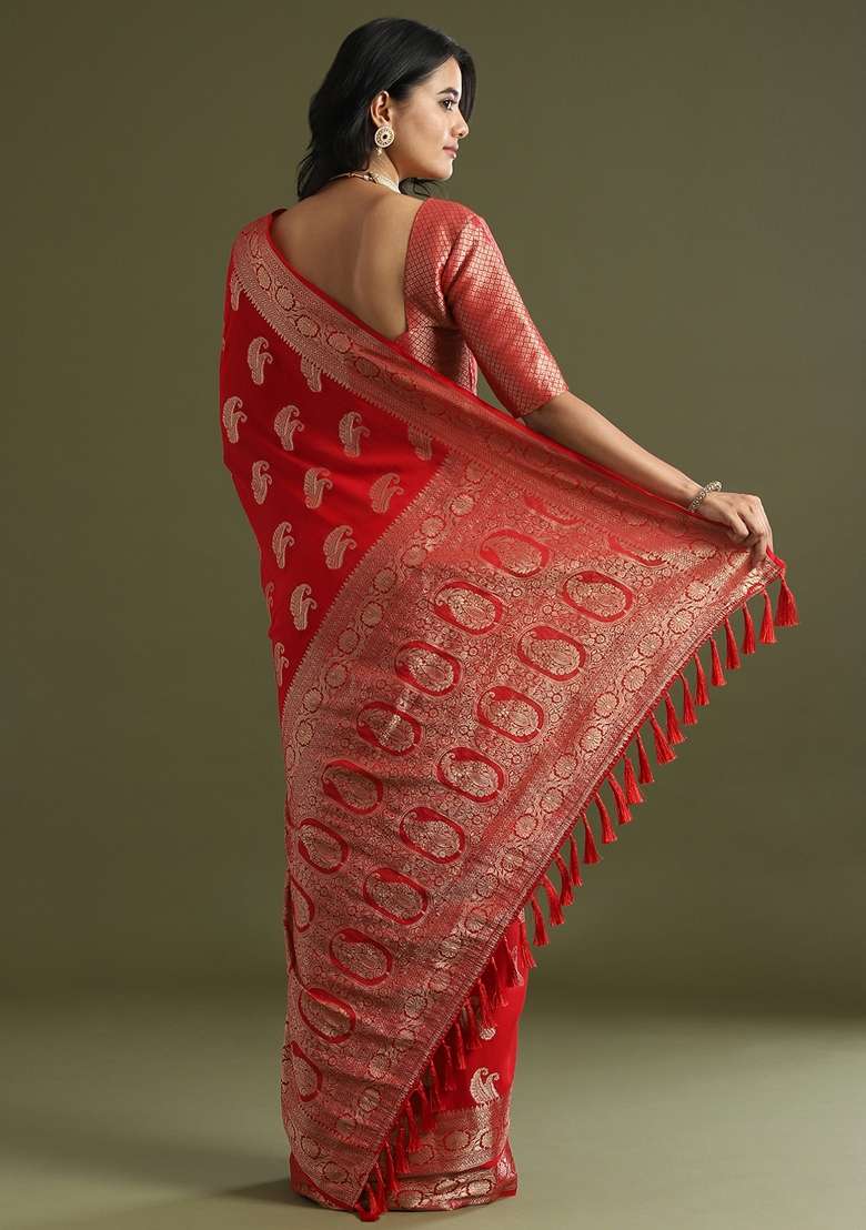 Red Printed Georgette Saree Set for Diwali and Festive Wear - Indya