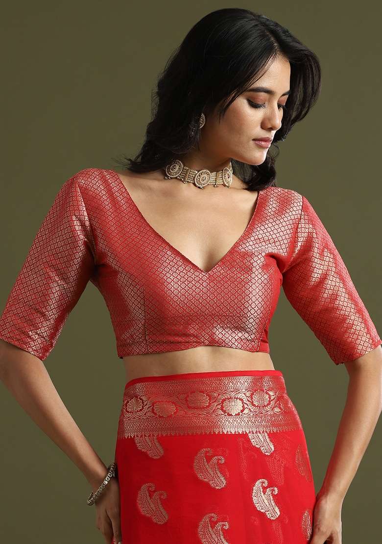 Red Printed Georgette Saree Set for Diwali and Festive Wear - Indya