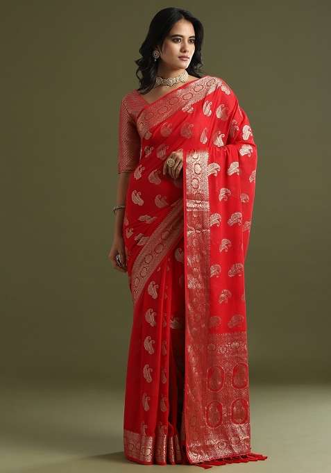Red Printed Georgette Saree Set for Diwali and Festive Wear