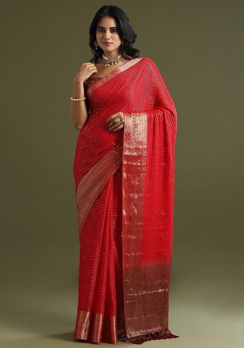 Red Printed Chiffon Saree Set — view on Indya