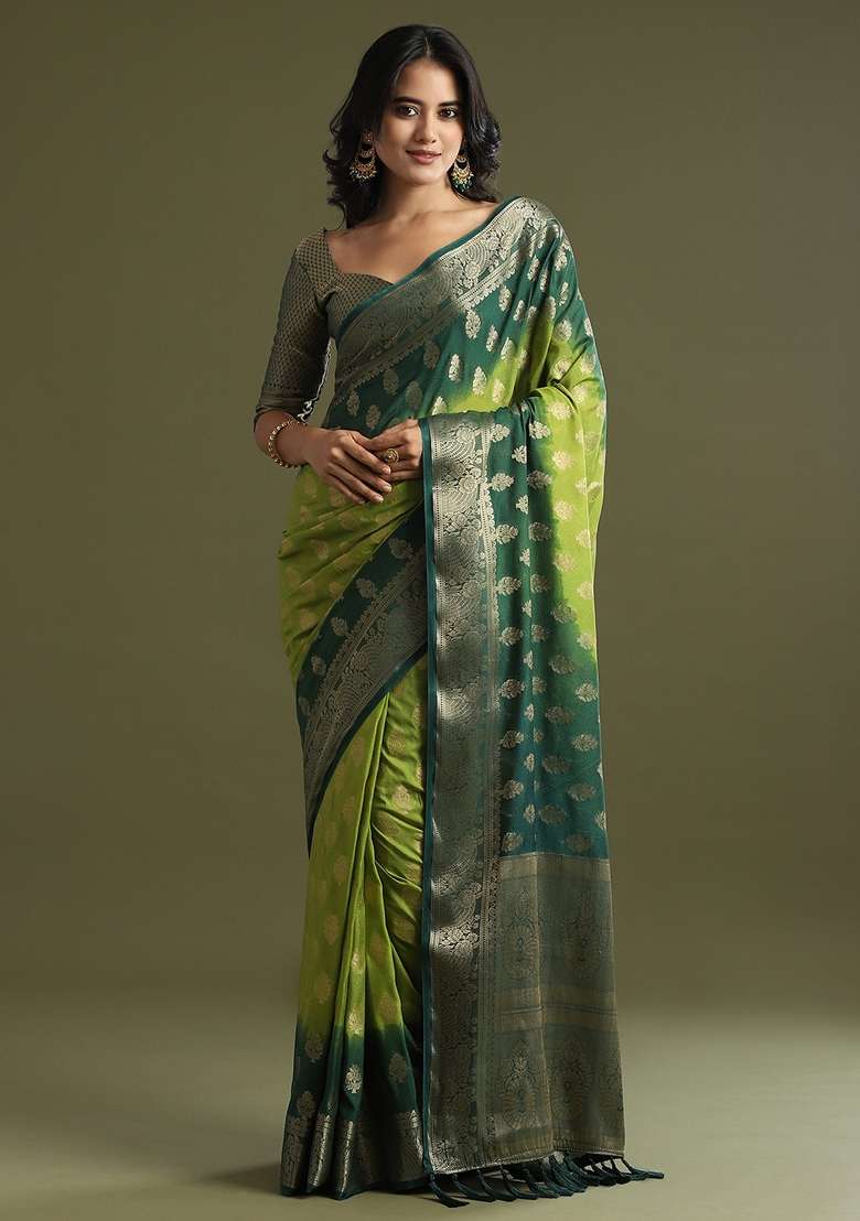Light Green Printed Georgette Saree Set - Indya