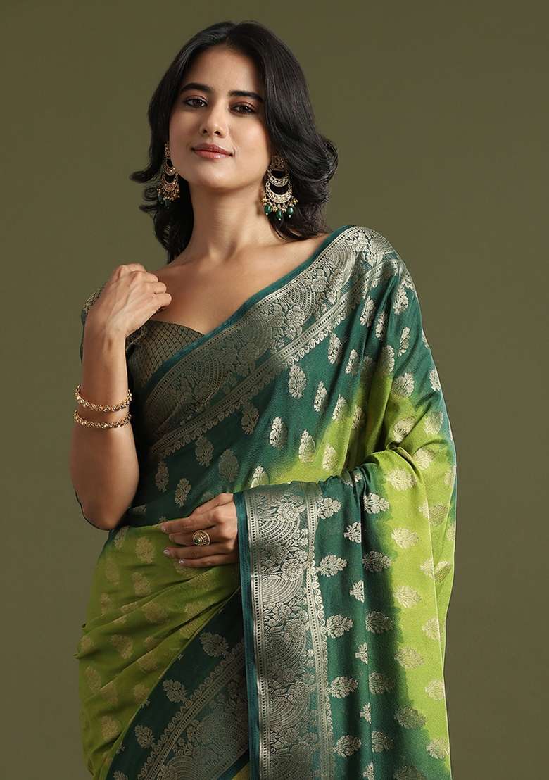 Light Green Printed Georgette Saree Set - Indya