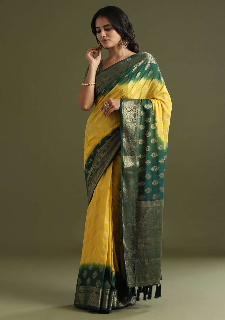 Yellow Georgette Saree Set with Printed for Diwali | Wedding & Festive Wear - Indya