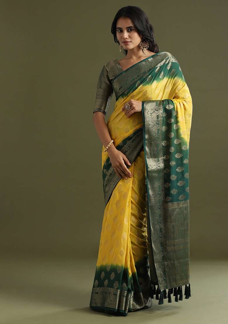 Yellow Georgette Saree Set with Printed for Diwali | Wedding & Festive Wear - Indya