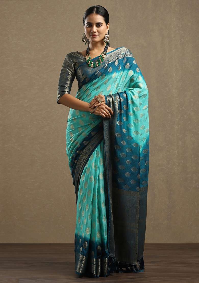 Light Blue Printed Georgette Saree Set - Indya