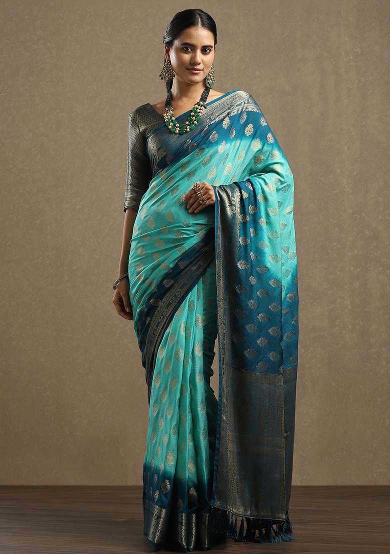 Light Blue Printed Georgette Saree Set - Indya