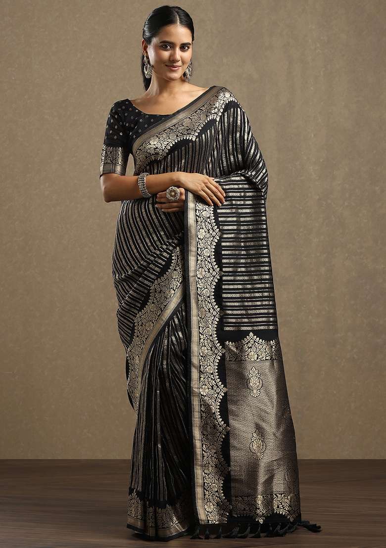 Black Printed Georgette Saree Set for Diwali and Festive Wear - Indya