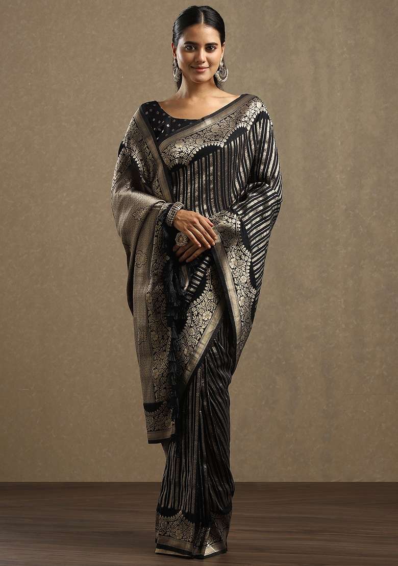 Black Printed Georgette Saree Set for Diwali and Festive Wear - Indya
