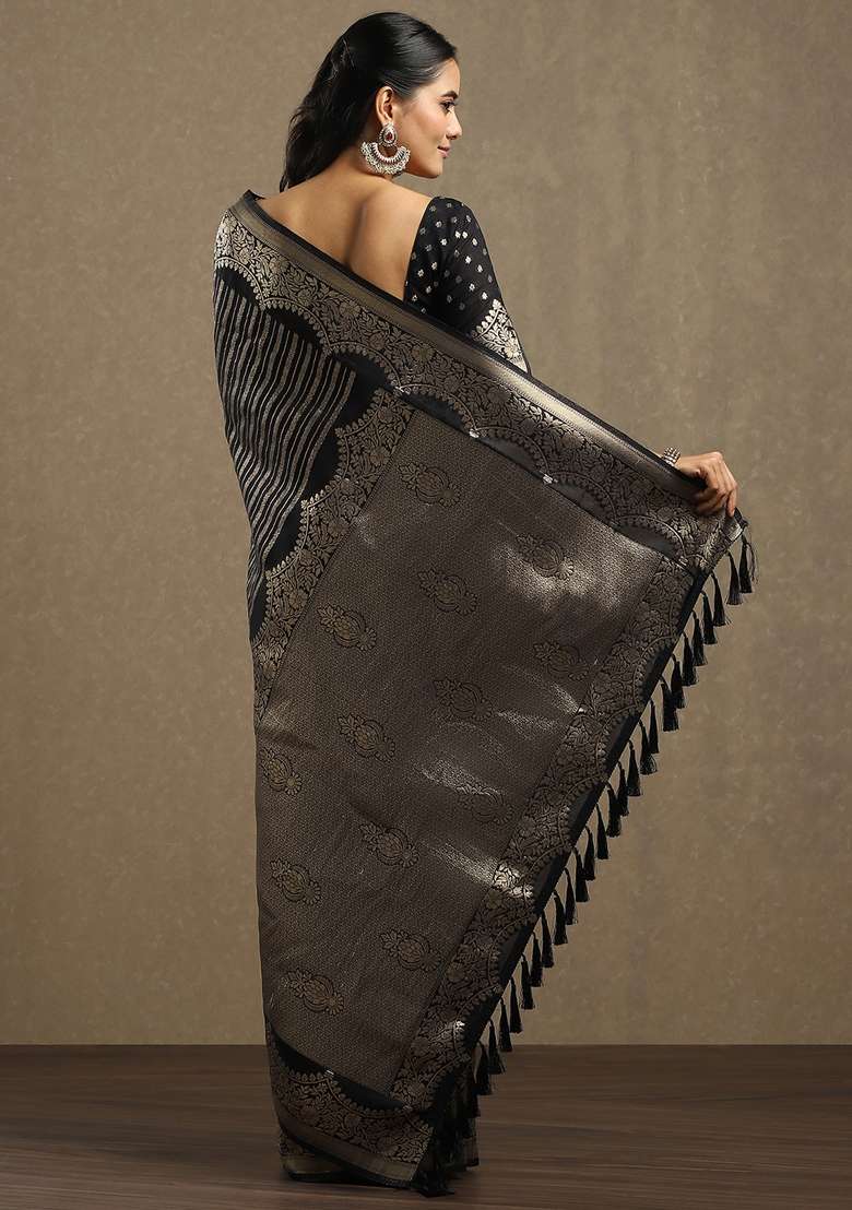 Black Printed Georgette Saree Set for Diwali and Festive Wear - Indya