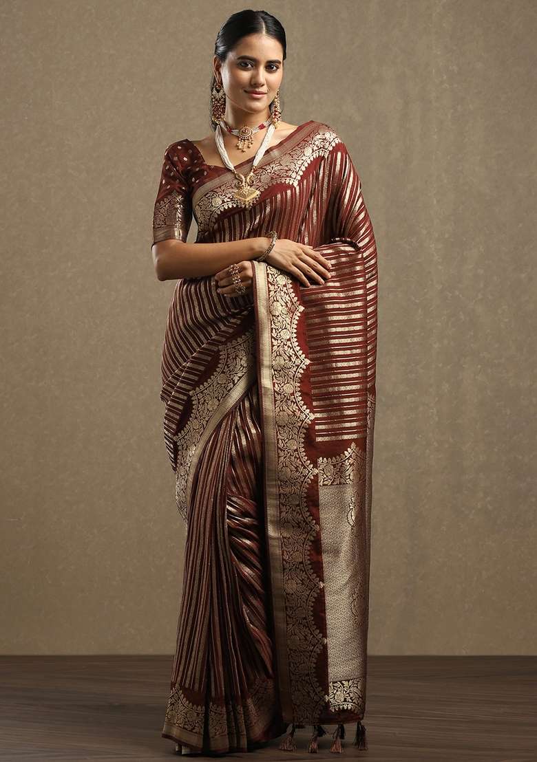 Brown Printed Georgette Saree Set for Diwali and Festive Wear - Indya