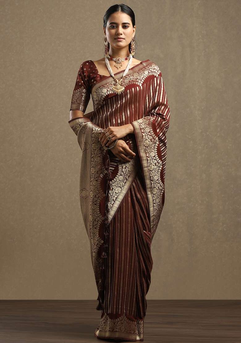 Brown Printed Georgette Saree Set for Diwali and Festive Wear - Indya