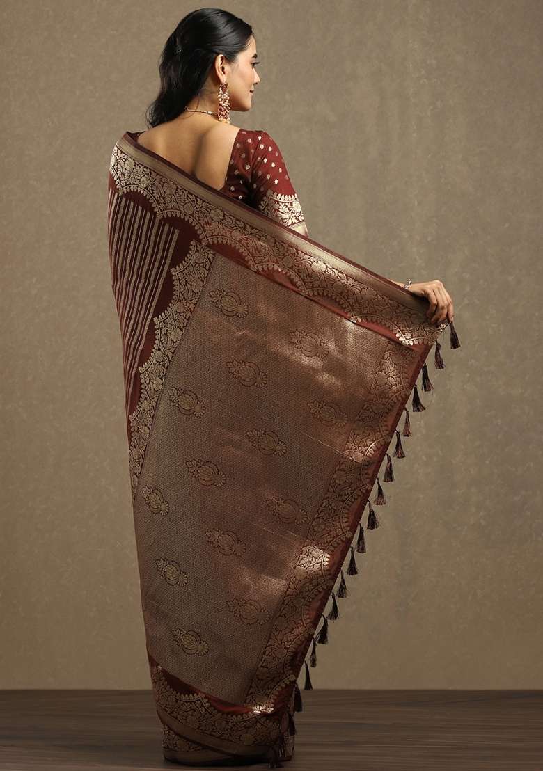 Brown Printed Georgette Saree Set for Diwali and Festive Wear - Indya