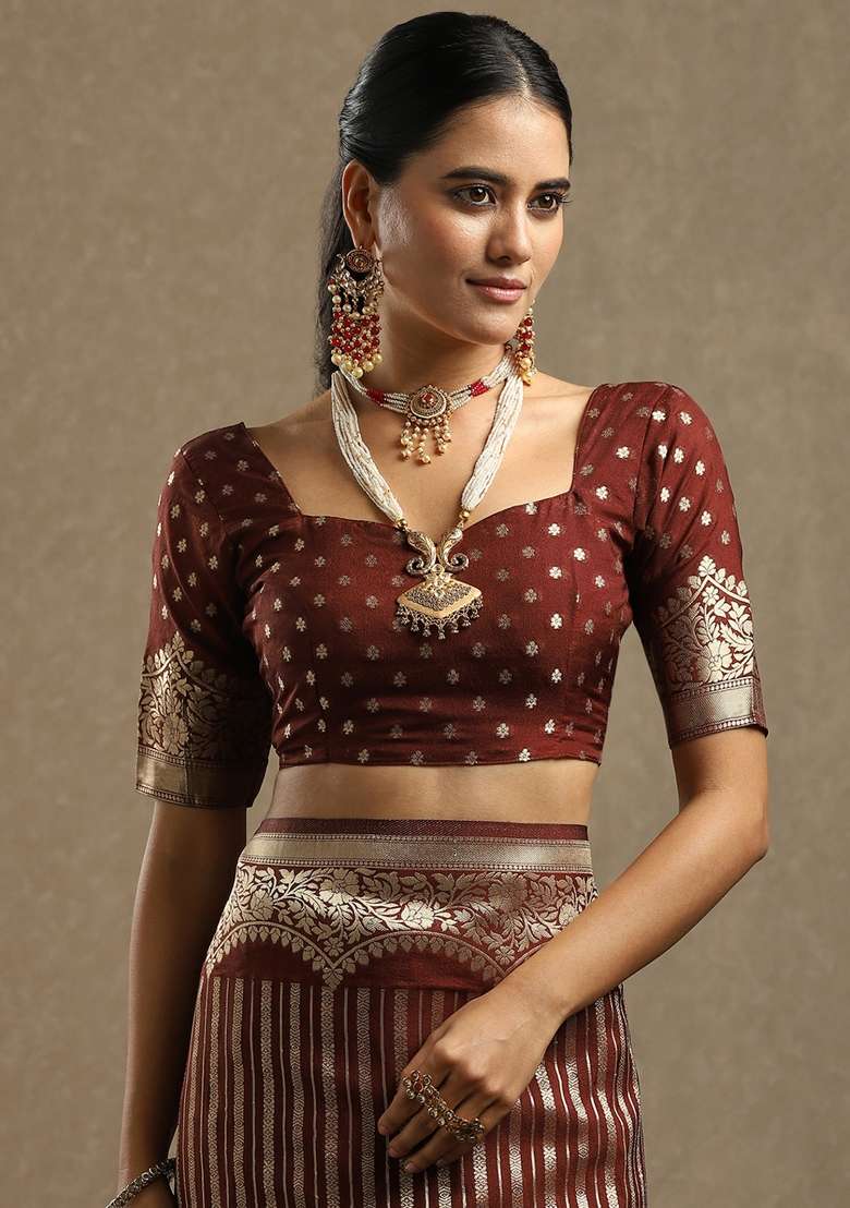 Brown Printed Georgette Saree Set for Diwali and Festive Wear - Indya