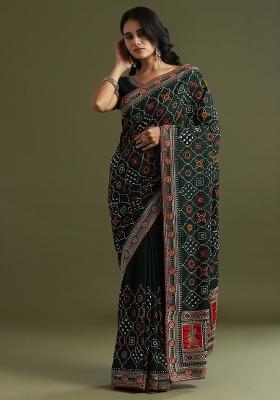 Dark Green Printed Vichitra Silk Saree Set