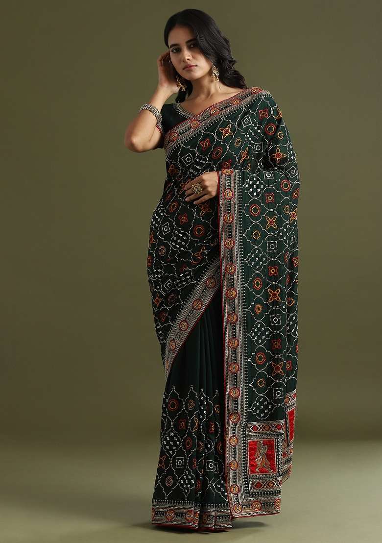 Dark Green Printed Vichitra Silk Saree Set - Indya