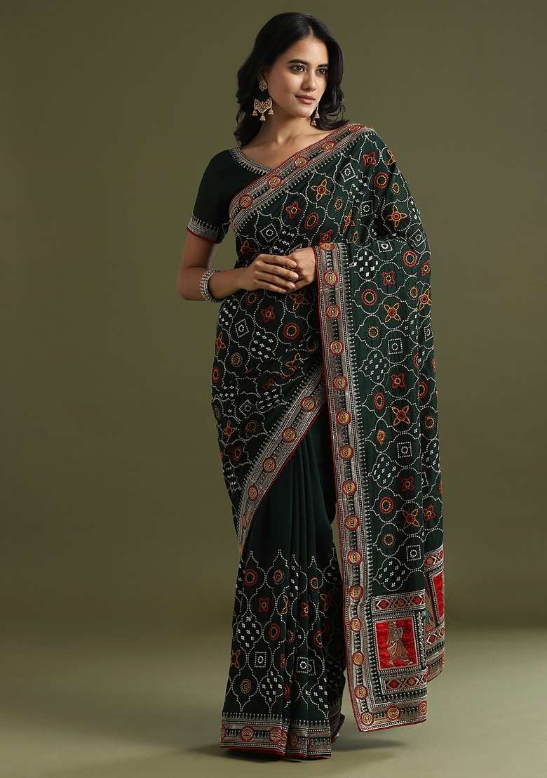 Dark Green Printed Vichitra Silk Saree Set - Indya