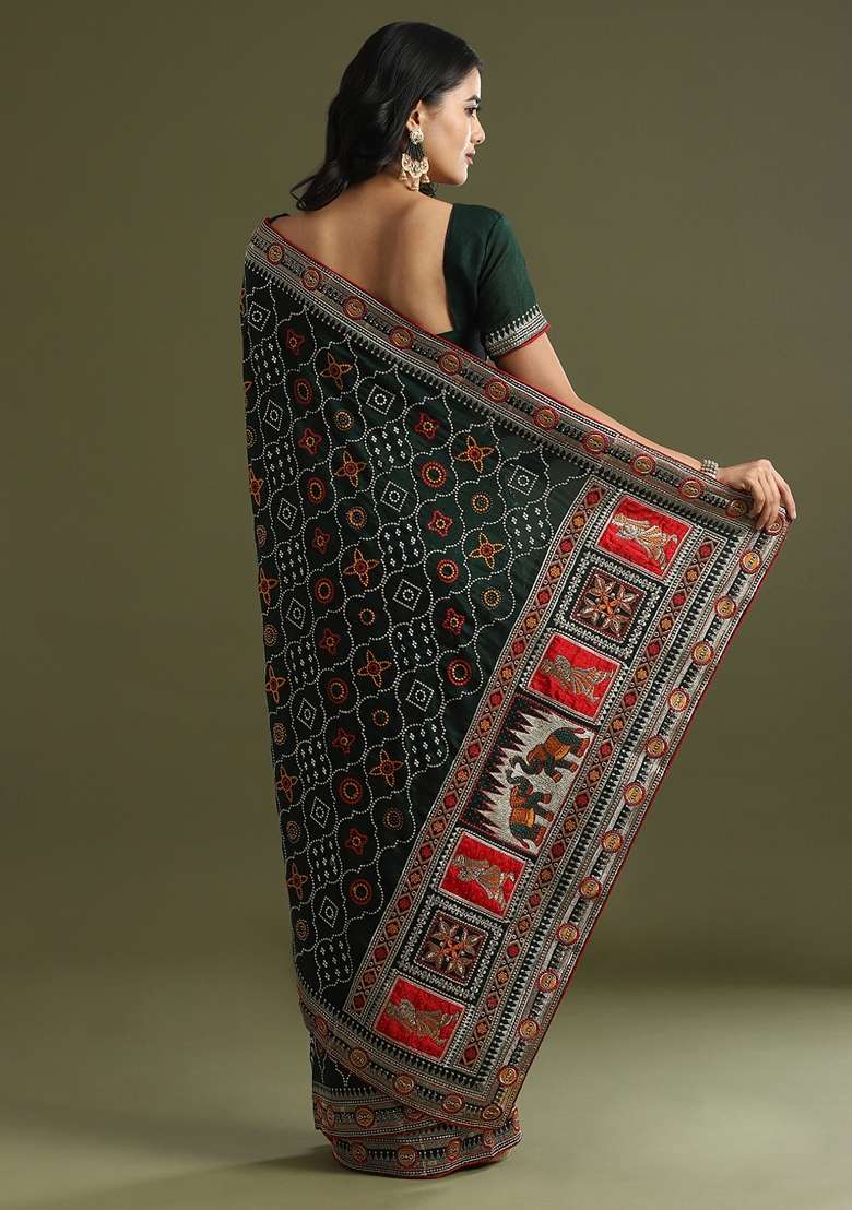 Dark Green Printed Vichitra Silk Saree Set - Indya