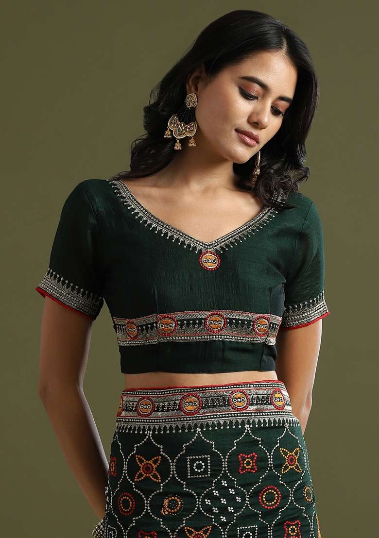 Dark Green Printed Vichitra Silk Saree Set - Indya