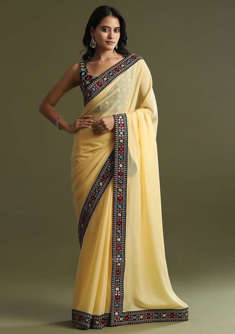 Yellow Printed Georgette Saree Set - Indya