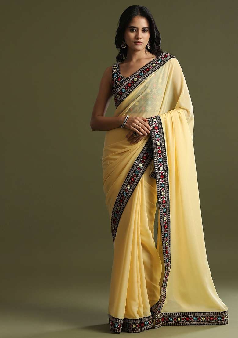 Yellow Printed Georgette Saree Set - Indya