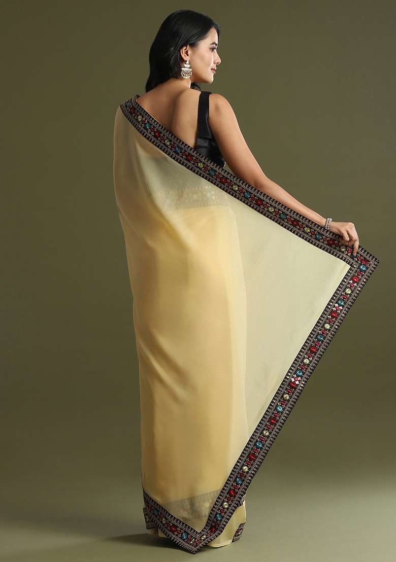 Yellow Printed Georgette Saree Set - Indya
