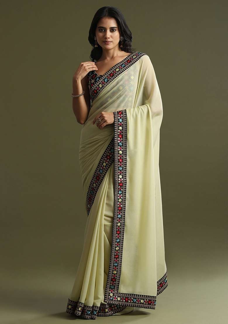 Light Green Printed Georgette Saree Set - Indya