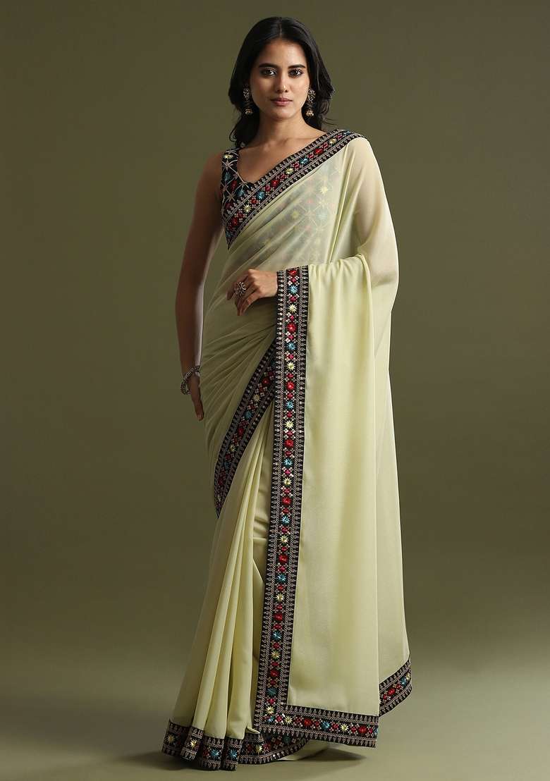 Light Green Printed Georgette Saree Set - Indya