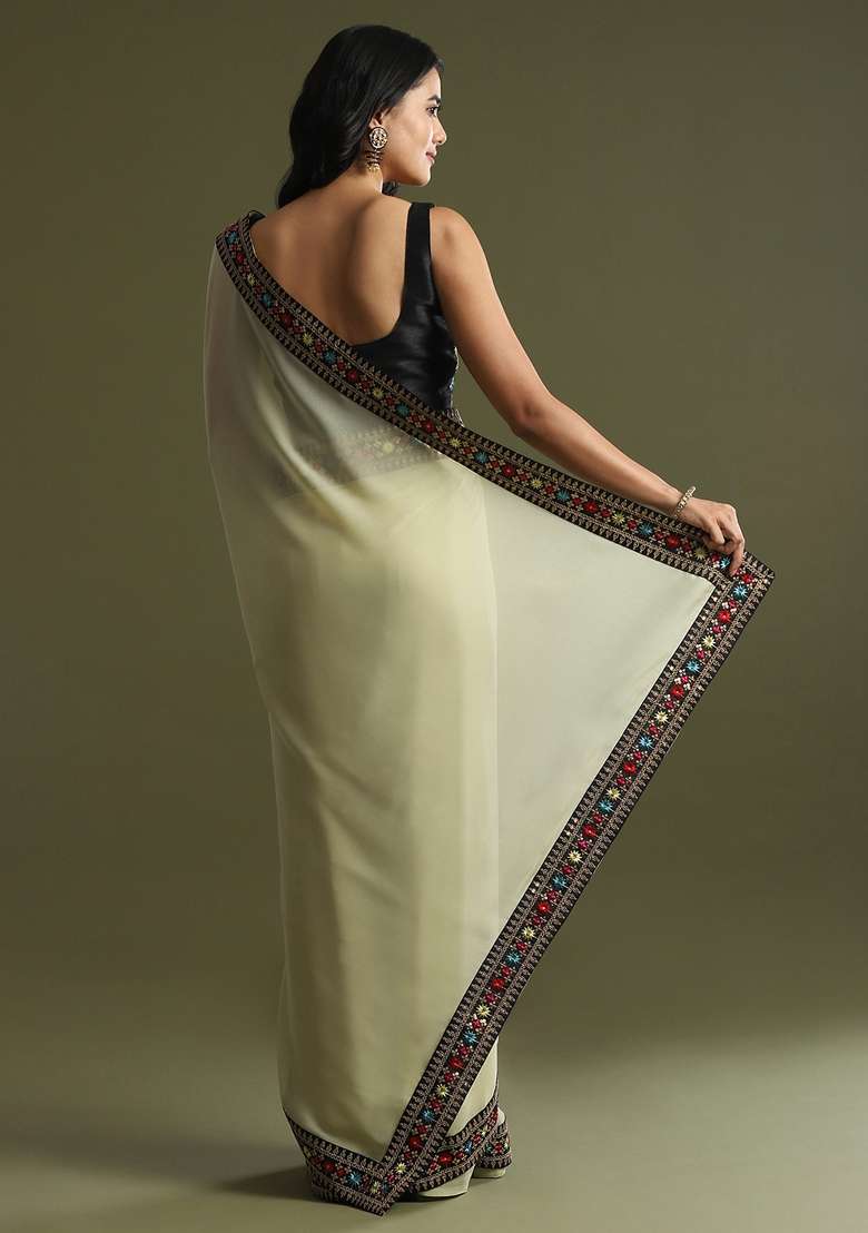 Light Green Printed Georgette Saree Set - Indya