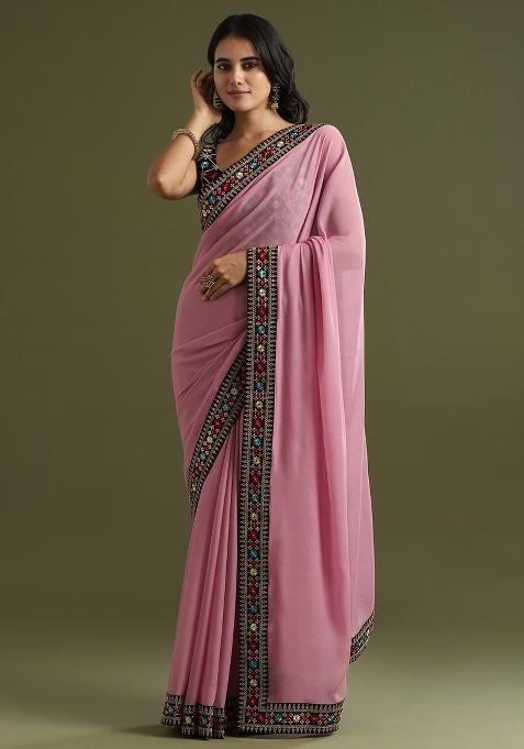 Pink Printed Georgette Saree Set — view on Indya