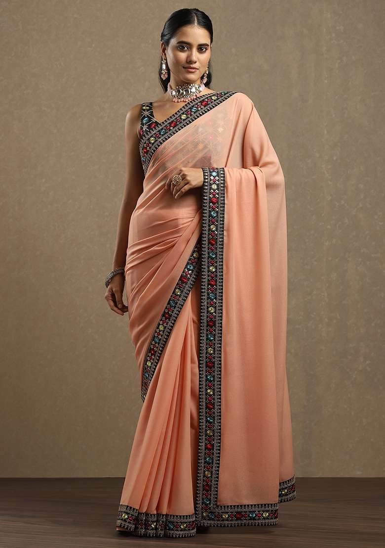 Peach Printed Georgette Saree Set - Indya