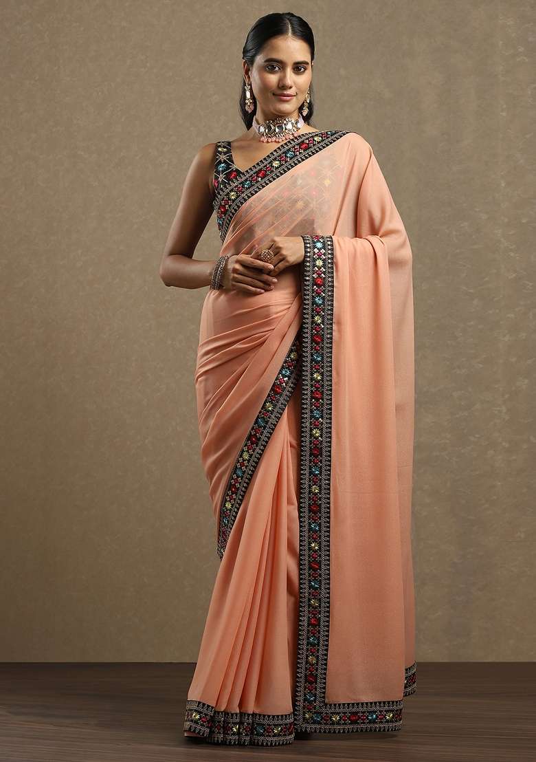 Peach Printed Georgette Saree Set - Indya