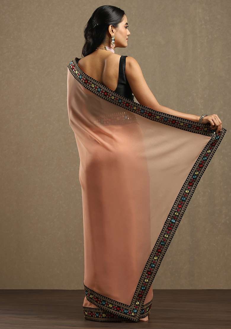 Peach Printed Georgette Saree Set - Indya