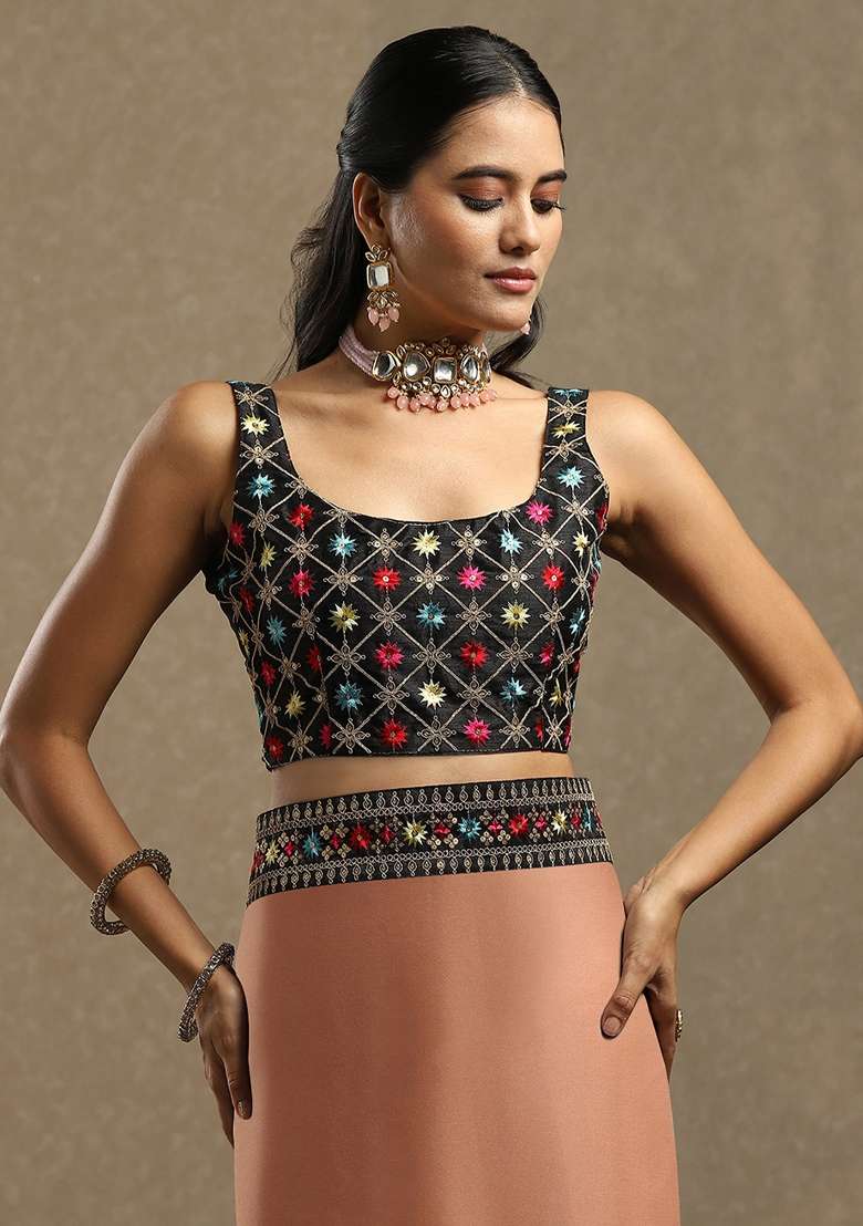 Peach Printed Georgette Saree Set - Indya