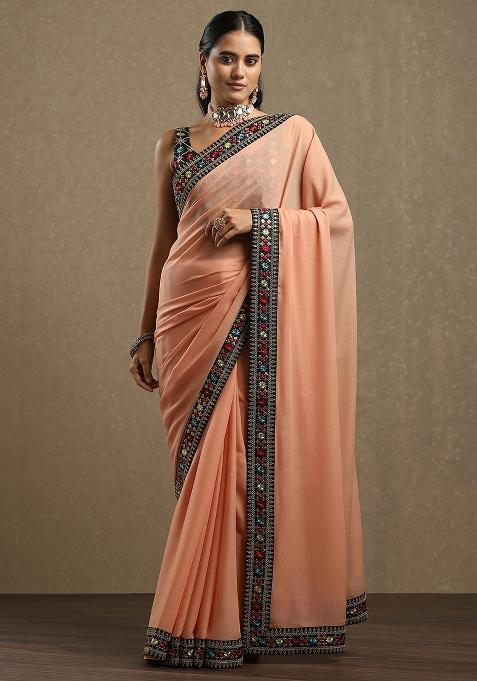 Peach Printed Georgette Saree Set — view on Indya