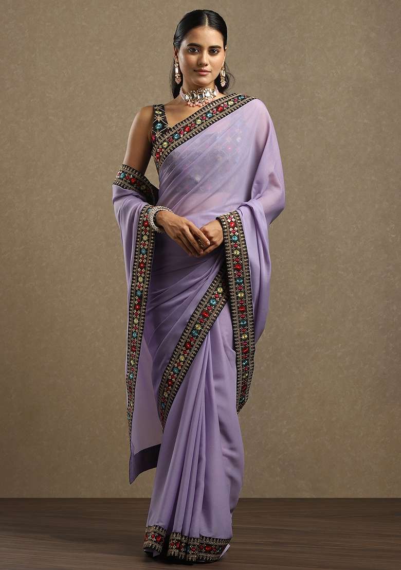 Lavender Printed Georgette Saree Set for Diwali and Festive Wear - Indya