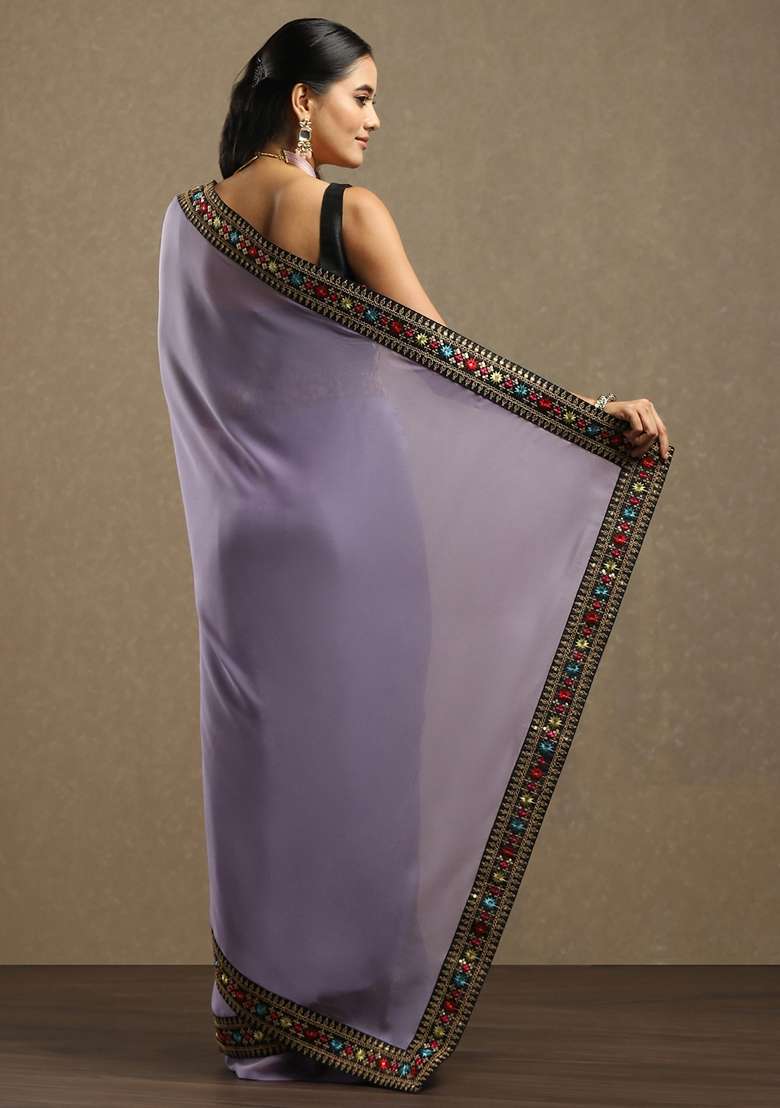 Lavender Printed Georgette Saree Set for Diwali and Festive Wear - Indya