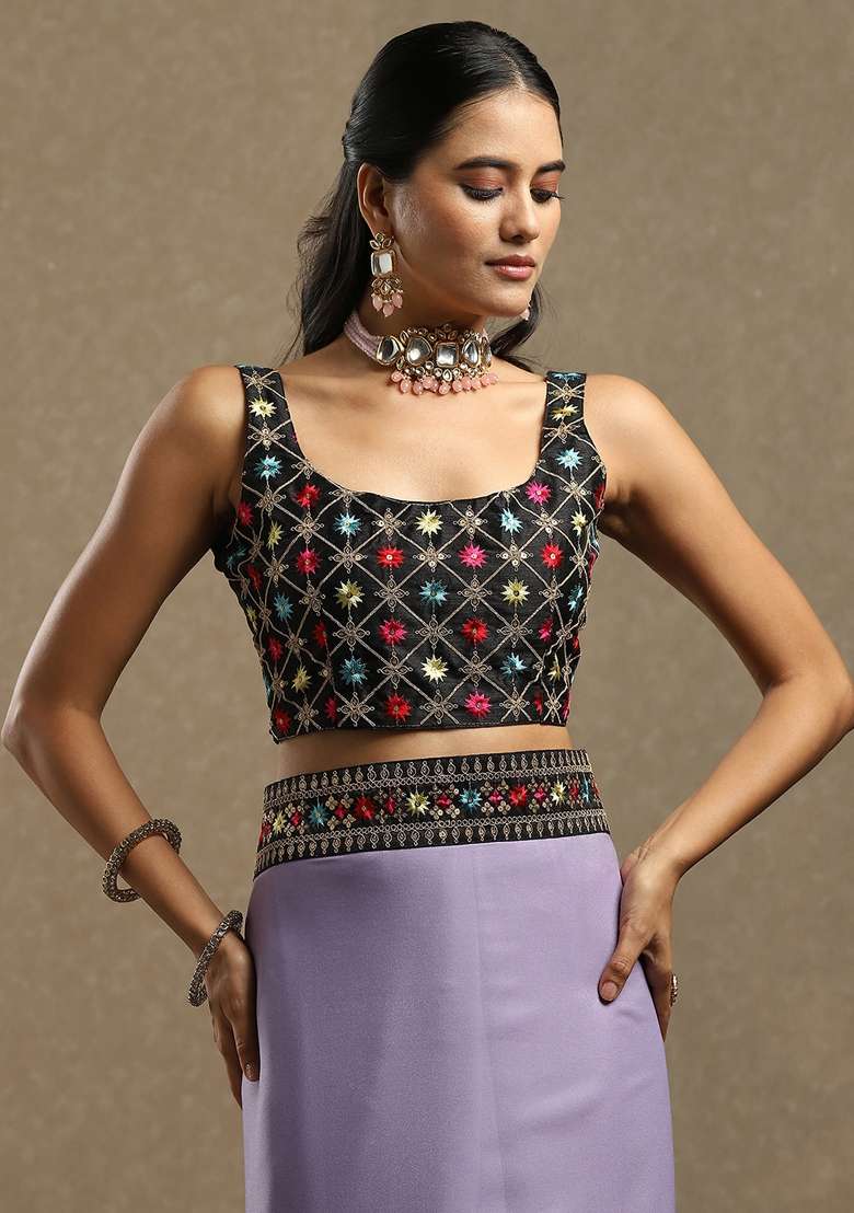 Lavender Printed Georgette Saree Set for Diwali and Festive Wear - Indya