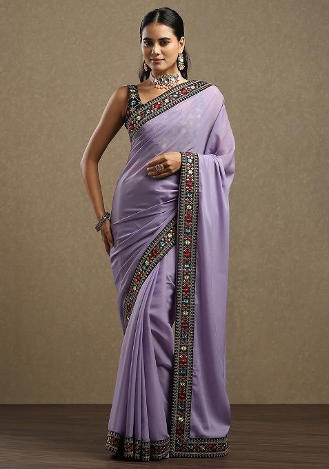 Lavender Printed Georgette Saree Set — view on Indya