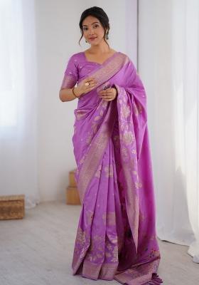 Lavender Printed Dola Silk Saree Set