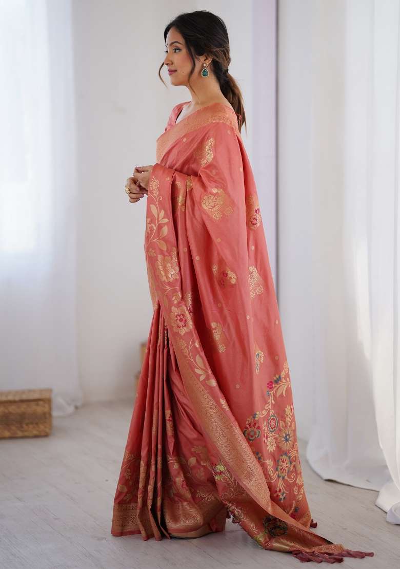 Peach Printed Dola Silk Blend Saree Set for Diwali and Festive Wear - Indya