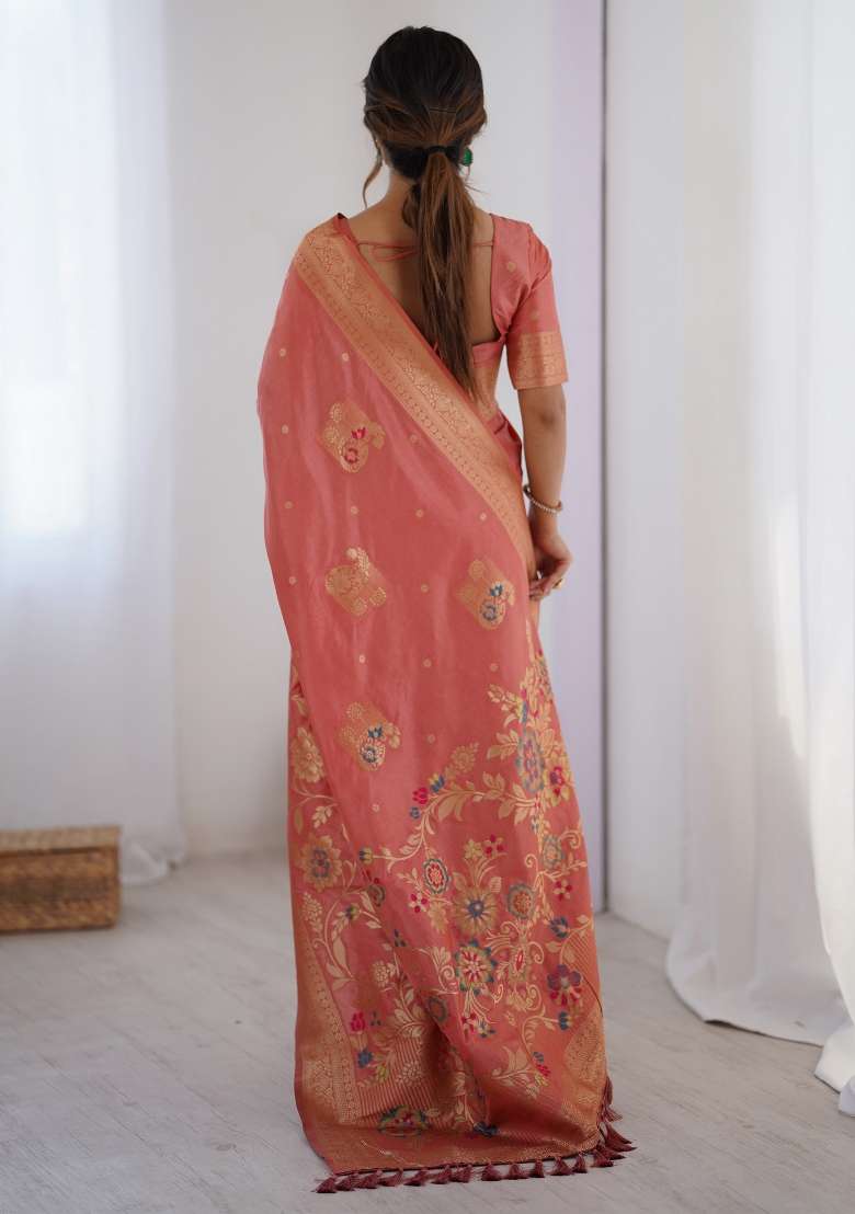 Peach Printed Dola Silk Blend Saree Set for Diwali and Festive Wear - Indya