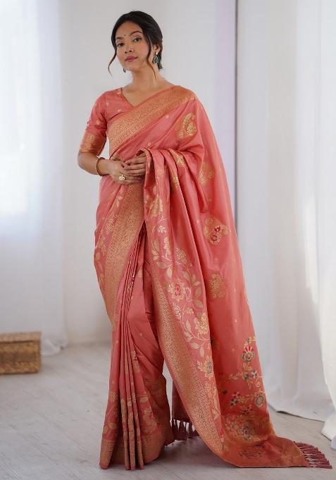 Peach Printed Dola Silk Saree Set — view on Indya