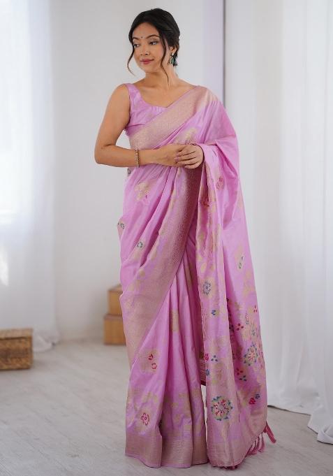 Pink Printed Dola Silk Saree Set — view on Indya
